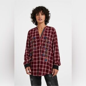 DESIGUAL Floral Embroidered Plaid Shirt Bead Detail M Lace Cuffs Cottagecore